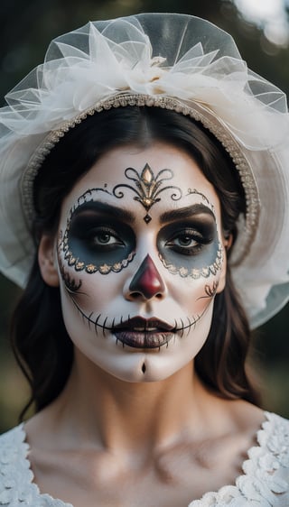 (Best quality, 8k, 32k, Masterpiece, UHD:1.2),   a woman in Catrina make-up, in a white bride dress, veil, ornaments on veil, dia de los muertos, dress and make up, dia de los muertos make up, ((dia de los muertos)), and attractive features, eyes, eyelid,  focus, depth of field, film grain,, ray tracing, ((contrast lipstick)), slim model, detailed natural real skin texture, visible skin pores, anatomically correct, (midnight), night, moonlight cemetary background,  Catrina,(PnMakeEnh)