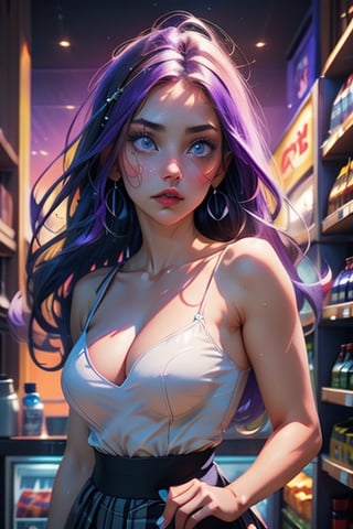 girl inside a convenience store, purple hair, long hair, detail face, detail nose, sexy lips, light blue eyes, summer skirt, sexy body, image very detailed, light contour, mix of fantasy and realism, hdr, ultra hd, 4k, GlowingRunes_,High detailed