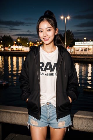 (RAW photo, best quality), (realistic),photo, masterpiece, 1girl,  ponytail, looking at viewer, hoodies, jacket, shorts, at night outdoor, harbor, street, full body, (light smile:0.7),blush, long shot,photorealistic,