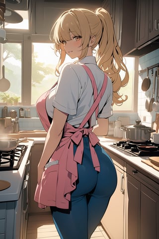 ((masterpiece, best quality, highres, 8k CG unity)), extremely detailed illustration, perfect face, [anime_screencap], looking at viewer, 1girl, blond hair, long hair, ponytail, bangs, white shirt, pink apron, blue pants, yellow eyes,  heart shaped butts, big breasts, curvy hips, viewed_from_behind, slight smile, ((kitchen)), cooking, breakfast, stove, cups and dishes rack, oven, high contrast, vibrant, scenary, uhd, enchanting beauty, by masashi kishimoto and makoto shinkai, serenity, (beautiful eyes detailed), white smoke from cooking  