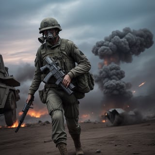 Portrait of single Modern Soldier of a ger with a gas mask (running on the battlefield), (carrying a modern assault rifle)craters, corpses, explosions, (red and white flag), artillery, explosions, smoke, dirt, dark skies, Frostbite,Barbed wire, Dank, Stench of decay,Acrid taste,Screams, Discordant, Numbness,Disillusionment, Radial balance, Triadic, in the style of dark, ultra detailed, intricate, surrealism