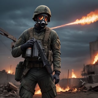 Modern Soldier of a ger with a gas mask (running on the battlefield), (carrying a modern assault rifle)craters, corpses, explosions, (red and white flag), artillery, explosions, smoke, dirt, dark skies, Frostbite,Barbed wire, Dank, Stench of decay,Acrid taste,Screams, Discordant, Numbness,Disillusionment, Radial balance, Triadic, in the style of dark, ultra detailed, intricate, surrealism