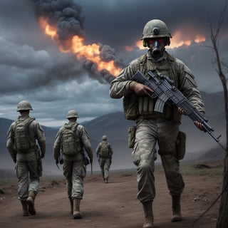 Modern Soldier of a ger with a gas mask (running on the battlefield), (carrying a modern assault rifle)craters, corpses, explosions, (red and white flag), artillery, explosions, smoke, dirt, dark skies, Frostbite,Barbed wire, Dank, Stench of decay,Acrid taste,Screams, Discordant, Numbness,Disillusionment, Radial balance, Triadic, in the style of dark, ultra detailed, intricate, surrealism