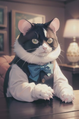 cartoonA hamster adorning a caramel bowtie, exuding an air of sophistication,The aspect ratio for these images is 4:5, ideal for a portrait-oriented presentation. These visuals capture the elegance and charm of the Mirelade style in the cozy and classy ambiance of a warm setting.,up body,cat