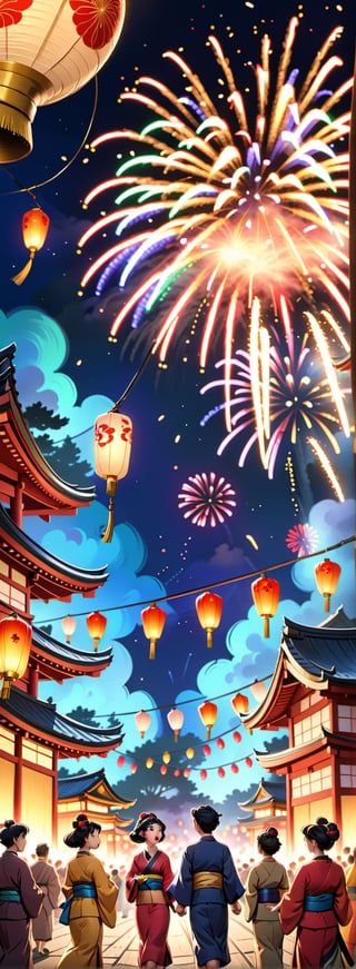Japanese style, 3d rendering,disney style, no Human, only background, Vibrant night scenes capturing the essence of Japanese festivals, with colorful fireworks illuminating the sky, bustling crowds, traditional lanterns casting warm glows, capturing the excitement and energy of the celebration.,colorful,Retro Art-style 