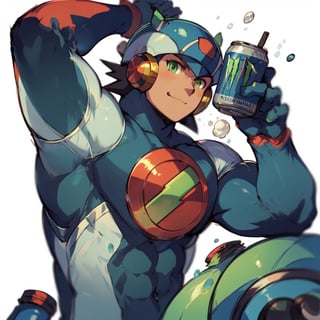 1 boy, green eyes, white background, megaman battle network, canned drink, monster energy drink, perfect face, rich colors, beautiful art, he is adult