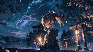 //Quality
(((best quality, 8k wallpaper))), ((detailed eyes, detailed illustration, masterpiece, ultra-detailed)),

//Charater
1girl, solo, Nanashi Mumei, (brown hairs), 
mumeidef,

// Pose
upper body, (dynamic angle), 
looking at viewer, 

// Background
((detailed background)), midjourney, yofukashi background,perfect light, (cherry blossoms), extremely delicate and beautiful, ((background: shrine, night stars iridescent)), ((nightime, detailed stars)), Night view in the shrine, A girl prays in front of a shrine at night, behind her is a row of lanterns and a red torii gate,Detailedface,More Detail