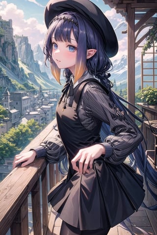 //Quality
(((best quality, 8k wallpaper))), ((detailed eyes, detailed illustration, masterpiece, ultra-detailed)),

//Charater
1girl, solo, ninomae ina'nis, bangs, inapainter, pinafore dress, beret, pantyhose

// Pose
profile, in_profile, upper body, (dynamic angle), 

// Background
balcony scenery, blue cloudy sky scenery, plants and flowers, mountains scenery
