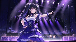 masterpiece, best quality, high quality,extremely detailed CG unity 8k wallpaper, extremely detailed, High Detail, colors, 

(1girl, solo), (idol, idol costume), long hair, black hair, dress, bow, standing, detached sleeves, white dress, hand on hip, curtains, pointing, pointing at self, stage, on stage, 

A young girl wearing a lavish purple dress with puffy sleeves and a layered skirt, Her hair is styled in twin tails with purple bows, The background is a dark blue curtain, She is smiling and posing cutely, 