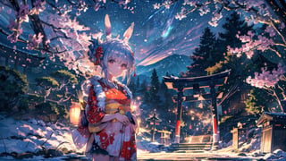 //Quality
(((best quality, 8k wallpaper))), ((detailed eyes, detailed illustration, masterpiece, ultra-detailed)),

//Charater
1girl, solo, usada pekora, 
kimono1, (red kimono:1.5), wearing kimono, wearing new year kimono, 

// Pose
upper body, (dynamic angle), 
looking at viewer, 

// Background
((detailed background)), midjourney, yofukashi background,perfect light, (cherry blossoms), extremely delicate and beautiful, ((background: shrine, night stars iridescent)), ((nightime, detailed stars)), Night view in the shrine, A girl prays in front of a shrine at night, behind her is a row of lanterns and a red torii gate
