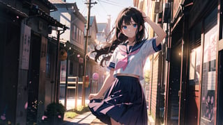 masterpiece, best quality, high quality,extremely detailed CG unity 8k wallpaper, extremely detailed, High Detail, 

1girl, solo, long hair, black hair, blue eyes, skirt, shirt, school uniform, standing, white shirt, short sleeves, pleated skirt, outdoors, sky, serafuku, (pink serafuku, pink school uniform), day, sailor collar, blurry, arm up, neckerchief, long skirt, ,girl