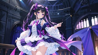 masterpiece, best quality, high quality,extremely detailed CG unity 8k wallpaper, extremely detailed, High Detail, colors, 

(1girl, solo), (idol, idol costume), long hair, black hair, dress, bow, standing, detached sleeves, white dress, hand on hip, curtains, pointing, pointing at self,

A young girl wearing a lavish purple dress with puffy sleeves and a layered skirt, Her hair is styled in twin tails with purple bows, The background is a dark blue curtain, She is smiling and posing cutely,girl