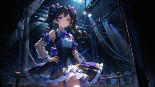 masterpiece, best quality, high quality,extremely detailed CG unity 8k wallpaper, extremely detailed, High Detail, colors, 

(1girl, solo), (idol, idol costume), long hair, black hair, dress, bow, standing, detached sleeves, white dress, hand on hip, curtains, pointing, pointing at self,

A young girl wearing a lavish purple dress with puffy sleeves and a layered skirt, Her hair is styled in twin tails with purple bows, The background is a dark blue curtain, She is smiling and posing cutely,girl