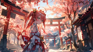 //Quality
(((best quality, 8k wallpaper))), ((detailed eyes, detailed illustration, masterpiece, ultra-detailed)),

//Charater
1girl, solo, Sakura Miko, SakuraMiko, 
MikoBase, long hair, ahoge, one side up, hair bell, cherry blossom print, nontraditional miko, frills, single thighhigh, bridal garter,

// Pose
upper body, (dynamic angle), 
looking at viewer, 

// Background
((detailed background)), midjourney, yofukashi background,perfect light, (cherry blossoms), extremely delicate and beautiful, ((background: shrine, day, daylight), Day view in the shrine, A girl prays in front of a shrine at daytime, behind her is a red torii gate, 