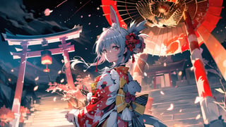 //Quality
(((best quality, 8k wallpaper))), ((detailed eyes, detailed illustration, masterpiece, ultra-detailed)),

//Charater
1girl, solo, usada pekora, 
kimono1, (red kimono:1.5), wearing kimono, wearing new year kimono, 

// Pose
upper body, (dynamic angle), 
looking at viewer, 

// Background
((detailed background)), midjourney, yofukashi background,perfect light, (cherry blossoms), extremely delicate and beautiful, ((background: shrine, night stars iridescent)), ((nightime, detailed stars)), Night view in the shrine, A girl prays in front of a shrine at night, behind her is a row of lanterns and a red torii gate,midjourney,1 girl