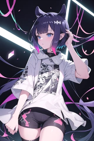 //Quality
(((best quality, 8k wallpaper))), ((detailed eyes, detailed illustration, masterpiece, ultra-detailed)),

//Charater
1girl, solo, ninomae ina'nis, bangs, inacasual, white t-shirt, short shorts, short hair, headphones

// Pose
profile, in_profile, upper body, (dynamic angle),  

// Background
(cherry blossoms), ((abstract background, background shapes, geometric background, neons, neon lights)), extremely delicate and beautiful,