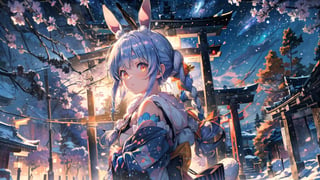 //Quality
(((best quality, 8k wallpaper))), ((detailed eyes, detailed illustration, masterpiece, ultra-detailed)),

//Charater
1girl, solo, usada pekora, beautiful detailed hair, ((orange eyes)), animal ear fluff, animal ears, bangs, blue hair, blush, braid, breasts, long hair, rabbit ears, solo, , thighhighs, twin braids, 
pekora, kimono1, 

// Pose
upper body, (dynamic angle), 
looking at viewer, 

// Background
((detailed background)), midjourney, yofukashi background,perfect light, (cherry blossoms), extremely delicate and beautiful, ((background: shrine, night stars iridescent)), ((nightime, detailed stars)), Night view in the shrine, A girl prays in front of a shrine at night, behind her is a row of lanterns and a red torii gate