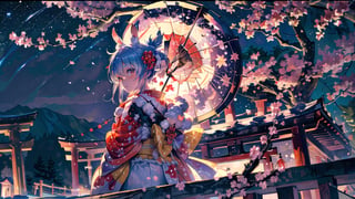 //Quality
(((best quality, 8k wallpaper))), ((detailed eyes, detailed illustration, masterpiece, ultra-detailed)),

//Charater
1girl, solo, usada pekora, 
kimono1, (red kimono:1.5), wearing kimono, wearing new year kimono, 

// Pose
upper body, (dynamic angle), 
looking at viewer, 

// Background
((detailed background)), midjourney, yofukashi background,perfect light, (cherry blossoms), extremely delicate and beautiful, ((background: shrine, night stars iridescent)), ((nightime, detailed stars)), Night view in the shrine, A girl prays in front of a shrine at night, behind her is a row of lanterns and a red torii gate