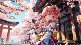 //Quality
(((best quality, 8k wallpaper))), ((detailed eyes, detailed illustration, masterpiece, ultra-detailed)),

//Charater
1girl, solo, Sakura Miko, SakuraMiko, 
MikoBase, long hair, ahoge, one side up, hair bell, cherry blossom print, nontraditional miko, frills, single thighhigh, bridal garter,

// Pose
upper body, (dynamic angle), 
looking at viewer, 

// Background
((detailed background)), midjourney, yofukashi background,perfect light, (cherry blossoms), extremely delicate and beautiful, ((background: shrine, day, daylight), Day view in the shrine, A girl prays in front of a shrine at daytime, behind her is a red torii gate, ,More Detail