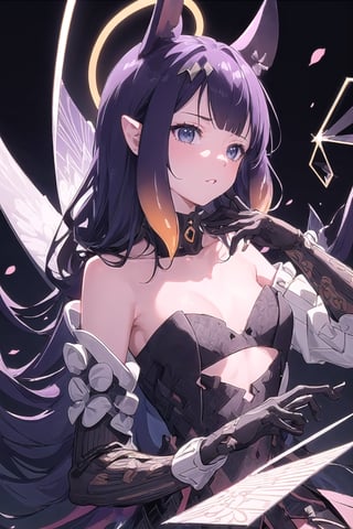 //Quality
(((best quality, 8k wallpaper))), ((detailed eyes, detailed illustration, masterpiece, ultra-detailed)),

//Charater
1girl, solo, ninomae ina'nis, bangs, inapriestess, strapless dress, low wings, halo, tentacles

// Pose
profile, in_profile, upper body, (dynamic angle),  

// Background
(cherry blossoms), ((abstract background, background shapes, geometric background, neons, neon lights)), extremely delicate and beautiful,