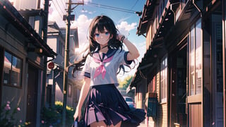 masterpiece, best quality, high quality,extremely detailed CG unity 8k wallpaper, extremely detailed, High Detail, 

1girl, solo, long hair, black hair, blue eyes, skirt, shirt, school uniform, standing, white shirt, short sleeves, pleated skirt, outdoors, sky, serafuku, (pink serafuku, pink school uniform), day, sailor collar, blurry, arm up, neckerchief, long skirt, ,girl