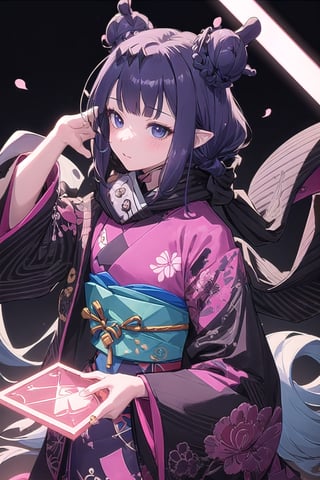 //Quality
(((best quality, 8k wallpaper))), ((detailed eyes, detailed illustration, masterpiece, ultra-detailed)),

//Charater
1girl, solo, ninomae ina'nis, bangs, inanewyears, haori, print kimono, black scarf, double bun, hair flower

// Pose
profile, in_profile, upper body, (dynamic angle),  

// Background
(cherry blossoms), ((abstract background, background shapes, geometric background, neons, neon lights)), extremely delicate and beautiful,