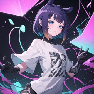 //Quality
(((best quality, 8k wallpaper))), ((detailed eyes, detailed illustration, masterpiece, ultra-detailed)),

//Charater
1girl, solo, ninomae ina'nis, bangs, inacasual, white t-shirt, short shorts, short hair, headphones

// Pose
profile, in_profile, upper body, (dynamic angle),  

// Background
(cherry blossoms), ((abstract background, background shapes, geometric background, neons, neon lights)), extremely delicate and beautiful,