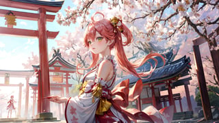 //Quality
(((best quality, 8k wallpaper))), ((detailed eyes, detailed illustration, masterpiece, ultra-detailed)),

//Charater
1girl, solo, Sakura Miko, SakuraMiko, 
MikoBase, long hair, ahoge, one side up, hair bell, cherry blossom print, nontraditional miko, frills, single thighhigh, bridal garter,

// Pose
upper body, (dynamic angle), 
looking at viewer, 

// Background
((detailed background)), midjourney, yofukashi background,perfect light, (cherry blossoms), extremely delicate and beautiful, ((background: shrine, day, daylight), Day view in the shrine, A girl prays in front of a shrine at daytime, behind her is a red torii gate, ,More Detail