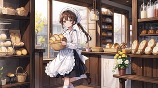 masterpiece, best quality, high quality,extremely detailed CG unity 8k wallpaper, extremely detailed, High Detail, colors, 

(1girl, solo), long hair, looking at viewer, bangs, brown hair, long sleeves, holding, brown eyes, full body, ponytail, food, shoes, socks, indoors, black footwear, apron, white socks, basket, head scarf, 

a young girl wearing a pink apron and white long-sleeve shirt, with a white cloth hat on her head, holding a basket of bread, next to a glass display case in a bakery, cute and focused expression,girl,