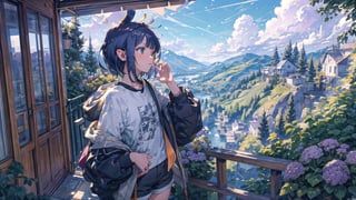 //Quality
(((best quality, 8k wallpaper))), ((detailed eyes, detailed illustration, masterpiece, ultra-detailed)),

//Charater
1girl, solo, ninomae ina'nis, flat_chest, tiny_chest, inacasual, white t-shirt, short shorts, short hair, headphones

// Pose
profile, in_profile, upper body, (dynamic angle), 

// Background
balcony scenery, blue cloudy sky scenery, plants and flowers, mountains scenery,More Detail,perfect light,High detailed ,midjourney
