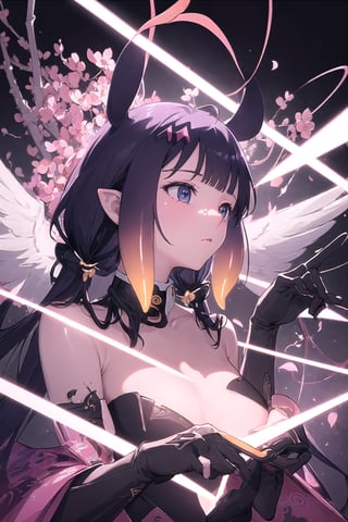 //Quality
(((best quality, 8k wallpaper))), ((detailed eyes, detailed illustration, masterpiece, ultra-detailed)),

//Charater
1girl, solo, ninomae ina'nis, bangs, inapriestess, strapless dress, low wings, halo, tentacles

// Pose
profile, in_profile, upper body, (dynamic angle),  

// Background
(cherry blossoms), ((abstract background, background shapes, geometric background, neons, neon lights)), extremely delicate and beautiful,