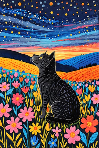 A serene nighttime landscape with a dark grey tabby cat with white base sitting amidst a vibrant field of flowers. The cat is positioned towards the left side of the image, gazing upwards. The sky above is painted in deep blue hues, dotted with numerous white specks, representing stars. The horizon showcases a gentle slope, transitioning from the night sky to a warm orange, possibly indicating a sunset or sunrise. The field is teeming with a variety of flowers in shades of pink, blue, and yellow, with intricate details and patterns on each bloom.