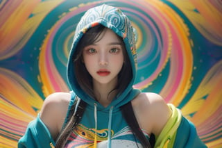 A stunning portrait of a young woman dressed in a vibrant, multicolored hoodie with swirling patterns of blue, orange, and teal. Her long, flowing hair cascades down her shoulders, complementing the intricate design of her outfit. The background mirrors the psychedelic patterns of her attire, creating a seamless, mesmerizing effect. The woman's expression is calm and confident, her gaze directed towards the viewer. The overall scene exudes a sense of bold, artistic flair and modern fashion.