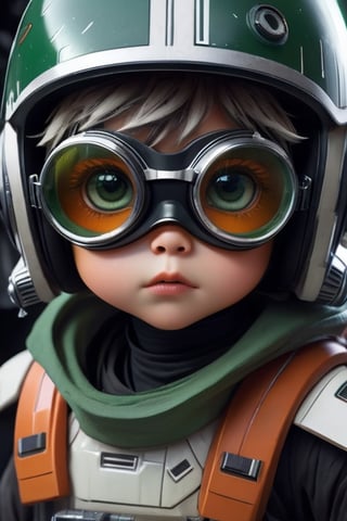 1Boy, looking straight ahead, ((futuristic goggles)(Star_Wars_style)),Wearing goggles, ((big eyes)), orange eyes, small face, green shaggy style, bobbed hair, dusty white helmet, surprised expression, high quality, cinematic, uhd, 8k, artwork, (((extreme_close_up))), high quality light, RAW Photography