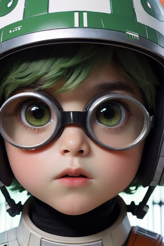 1Boy, looking straight ahead, ((futuristic goggles)(Star Wars_style)),Wearing goggles, ((big eyes)), orange eyes, small face, green shaggy style, bobbed hair, dusty white helmet, surprised expression, high quality, cinematic, uhd, 8k, artwork, (((extreme_close_up))), high quality light, RAW Photography