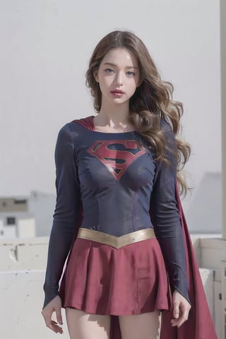 8k, best quality, real picture, intricate details, ultra-detailed, ultra highres, depth field,(photorealistic,realistic:1.2),masterpiece, supergirl, blue eyes, blonde hair, long hair, cape,(( red skirt)), pantyhose, superhero,  solo, sun, blue sky,best quality, realistic, photorealistic, (intricate details:1.2), (delicate detailed), (cinematic light), clear line, sharp focus, realistic face, detailed face,unity 8k wallpaper, ultra high res, (photorealistic:1.4), looking at viewer ,((tight suit)),angry face,((flying pose)),milokk