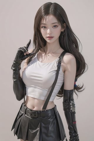 masterpiece, best quality, 7rtifa, crop top, arm guards, fingerless gloves, suspenders, pleated miniskirt, black thighhighs, upper body, standing, looking at viewer ,defTifa,jwy1, white crop top,curvy