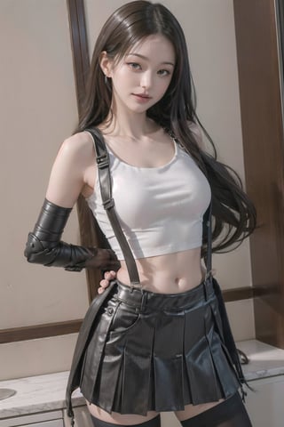 masterpiece, best quality, 7rtifa,arm guards, fingerless gloves, suspenders, pleated miniskirt, black thighhighs, upper body, standing, looking at viewer ,defTifa,jwy1, white crop top,curvy,arm_behind_back