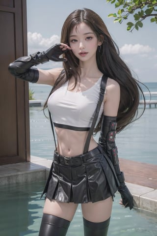 masterpiece, best quality, 7rtifa,arm guards, fingerless gloves, suspenders, pleated miniskirt, black thighhighs, upper body, standing, looking at viewer ,defTifa,jwy1, white crop top,curvy,arm_behind_back,under-water,under-water_hair,air_bubble,red_eye 