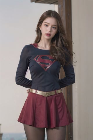 8k, best quality, real picture, intricate details, ultra-detailed, ultra highres, depth field,(photorealistic,realistic:1.2),masterpiece, supergirl, blue eyes, blonde hair, long hair, cape,(( red skirt)), pantyhose, superhero,  solo, sun, blue sky,best quality, realistic, photorealistic, (intricate details:1.2), (delicate detailed), (cinematic light), clear line, sharp focus, realistic face, detailed face,unity 8k wallpaper, ultra high res, (photorealistic:1.4), looking at viewer ,((tight suit)),angry face,((hands behind back))