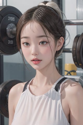 1 girl, wet sportswear,very bright light, sleepy eyes,jwy1,sumptuous jewel, 30 yo,wet body,white hair,ponytail hair,((Sweat)),((gym)),looking_at_viewer,KAWAII,