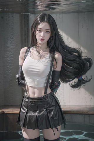 masterpiece, best quality, 7rtifa,arm guards, fingerless gloves, suspenders, pleated miniskirt, black thighhighs, upper body, standing, looking at viewer ,defTifa,jwy1, (white_crop_top),curvy,arm_behind_back,((under-water,under-water_hair,air_bubble,red_eye )),Detailedface