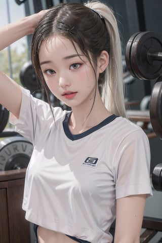 1 girl, wet sportswear,very bright light, sleepy eyes,jwy1,sumptuous jewel, 30 yo,wet body,white hair,ponytail hair,((Sweat)),((gym)),looking_at_viewer,KAWAII,