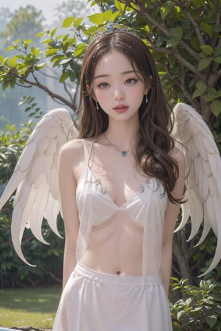 1girl, woman of the Renaissance,very bright light, pouting,jwy1,((see-through)),sleepy eyes,  ((hands behind back)),sumptuous jewel, tiara, wet, rainy forest, 30 yo,(angel_wings),CHIBI