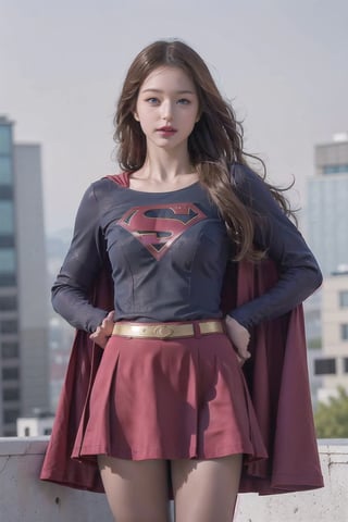 8k, best quality, real picture, intricate details, ultra-detailed, ultra highres, depth field,(photorealistic,realistic:1.2),masterpiece,photo of  european girl, supergirl, blue eyes, blonde hair, long hair, cape, red skirt, pantyhose, superhero, hand on hips, solo, sun, blue sky,best quality, realistic, photorealistic, (intricate details:1.2), (delicate detailed), (cinematic light), clear line, sharp focus, realistic face, detailed face,unity 8k wallpaper, ultra high res, (photorealistic:1.4), looking at viewer , tight_suit