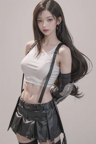 masterpiece, best quality, 7rtifa,arm guards, fingerless gloves, suspenders, pleated miniskirt, black thighhighs, upper body, standing, looking at viewer ,defTifa,jwy1, white crop top,curvy,arm_behind_back