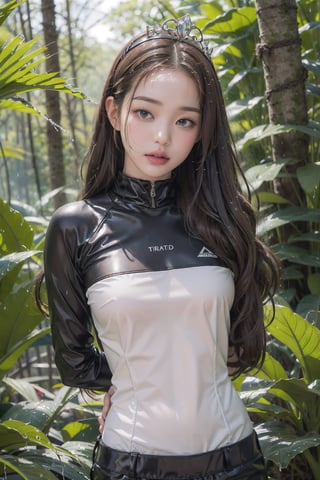 1girl,wet Rash Guard,very bright light, pouting,jwy1,sleepy eyes,  ((hands behind back)),sumptuous jewel, tiara, wet, rainy forest, 30 yo,CHIBI