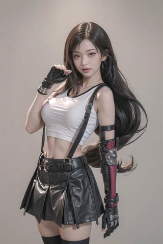 masterpiece, best quality, 7rtifa, crop top, arm guards, fingerless gloves, suspenders, pleated miniskirt, black thighhighs, upper body, standing, looking at viewer ,defTifa,jwy1, white crop top,curvy