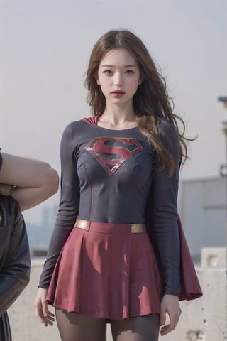 8k, best quality, real picture, intricate details, ultra-detailed, ultra highres, depth field,(photorealistic,realistic:1.2),masterpiece, supergirl, blue eyes, blonde hair, long hair, cape,(( red skirt)), pantyhose, superhero,  solo, sun, blue sky,best quality, realistic, photorealistic, (intricate details:1.2), (delicate detailed), (cinematic light), clear line, sharp focus, realistic face, detailed face,unity 8k wallpaper, ultra high res, (photorealistic:1.4), looking at viewer ,((tight suit)),angry face,((hands behind back))