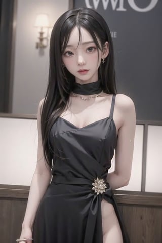 1girl,evening dress, obscene face,jwy1,sumptuous jewel,KAWAII,nsfw,((sweat)), black hair,CHIBI,((waist shot))